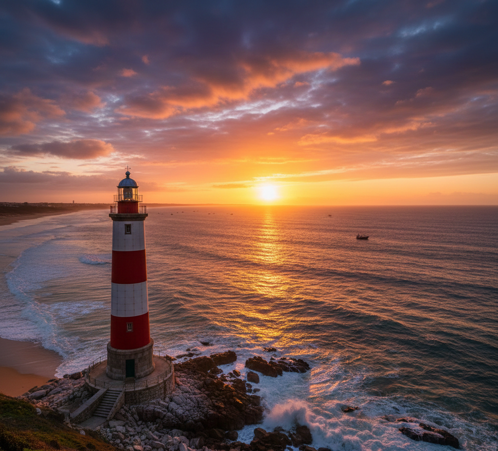 Faro da Barra al atardecer con vista al océano Atlántico